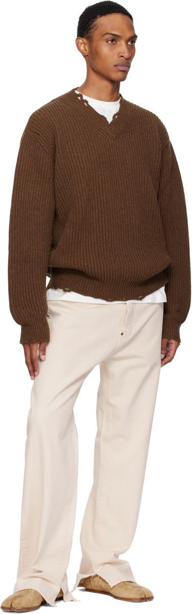 Пуловер Maison Margiela MM6 Maison Margiela Ribbed Wool Knit V-Neck Sweater Кафяво | SH0HN0003 M13138, 3