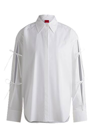 Oversized Cotton Blouse with Sleeve Bows