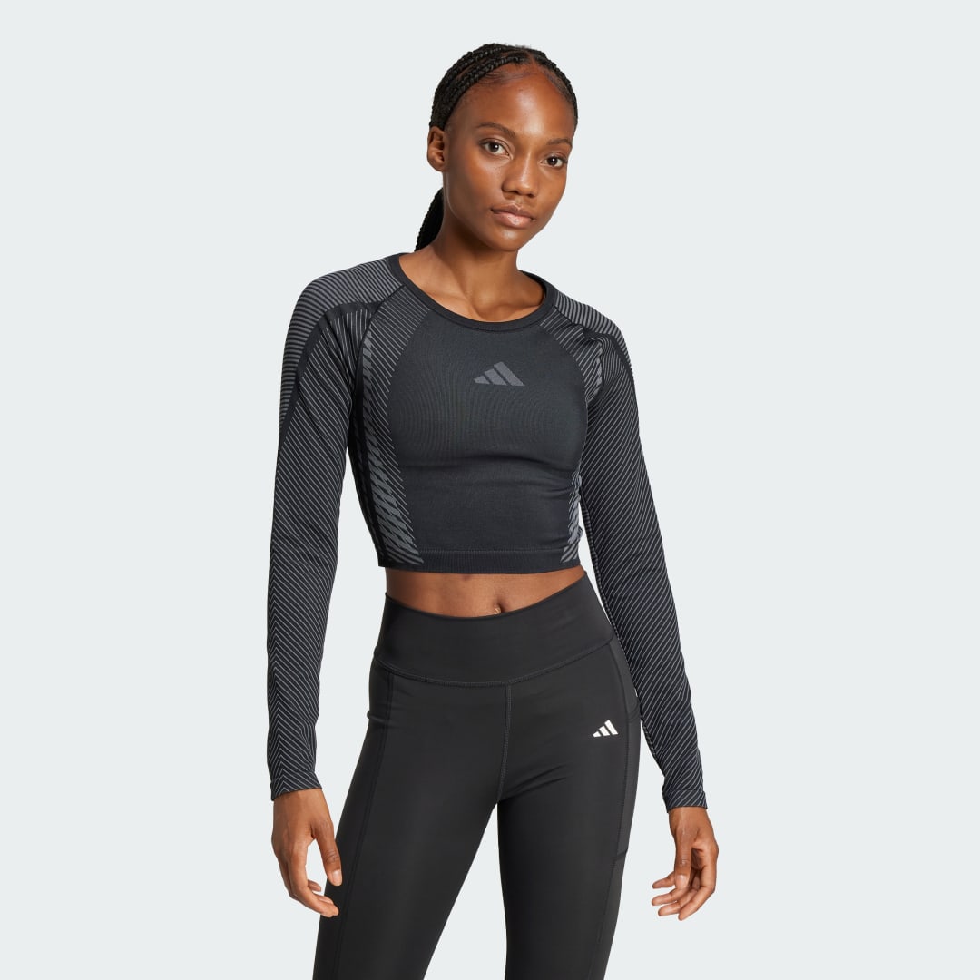 Съкратен топ adidas Performance Seamless Knit Long Sleeve Crop Top Черно | JH1364, 0