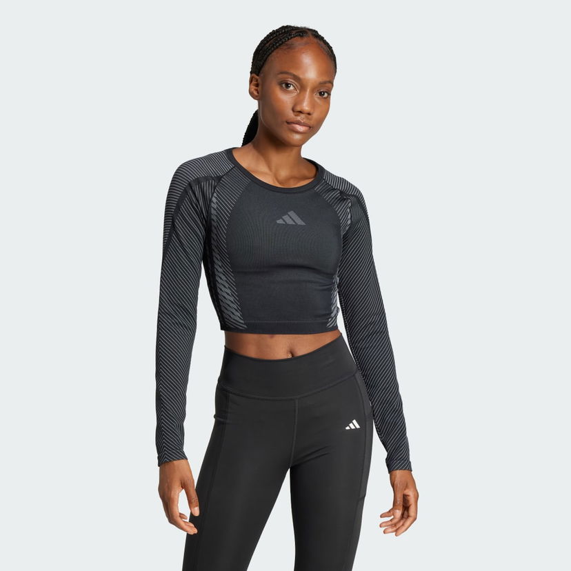 Съкратен топ adidas Performance Seamless Knit Long Sleeve Crop Top Черно | JH1364
