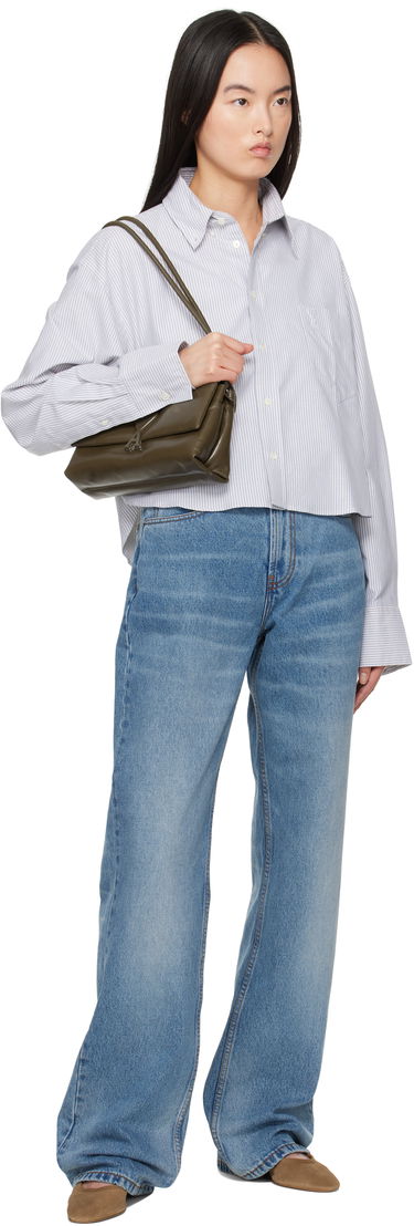 Риза AMI Cotton Cropped Oversized Striped Button-Down Shirt Синьо | USH123.CO0087, 3