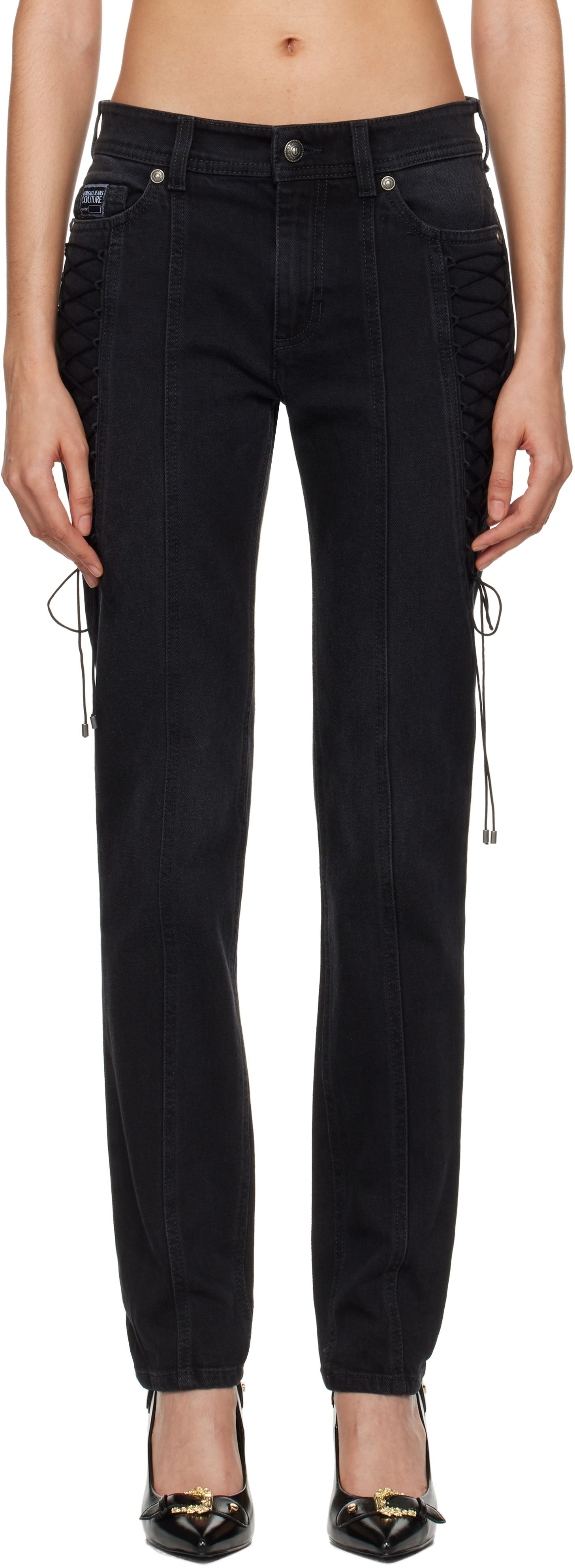 Дънки Versace Lace-Up Slim-Fit Jeans Черно | E77HAB501_EDW060F19, 0