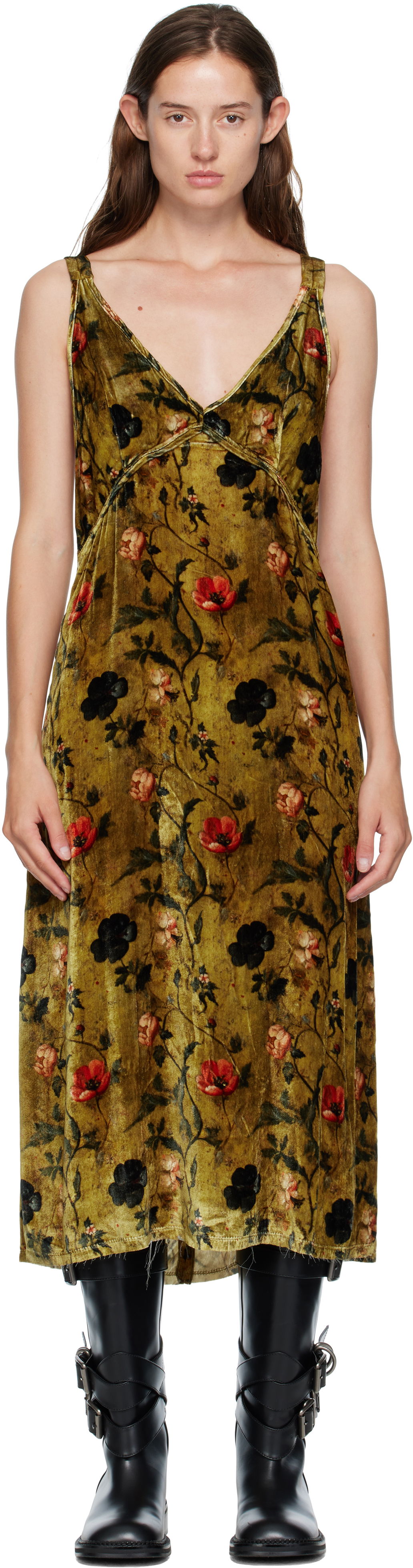 Pокля R13 R13 Grunge Floral-Print Velvet Slip Midi Dress Зелено | R13WR477-R595A, 0