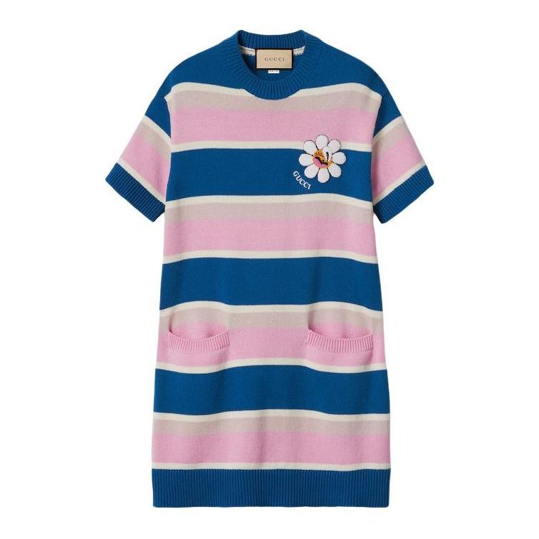 Pокля Gucci Striped Cotton Wool Dress with Floral Applique Синьо | 782228-XKDZ1-4915