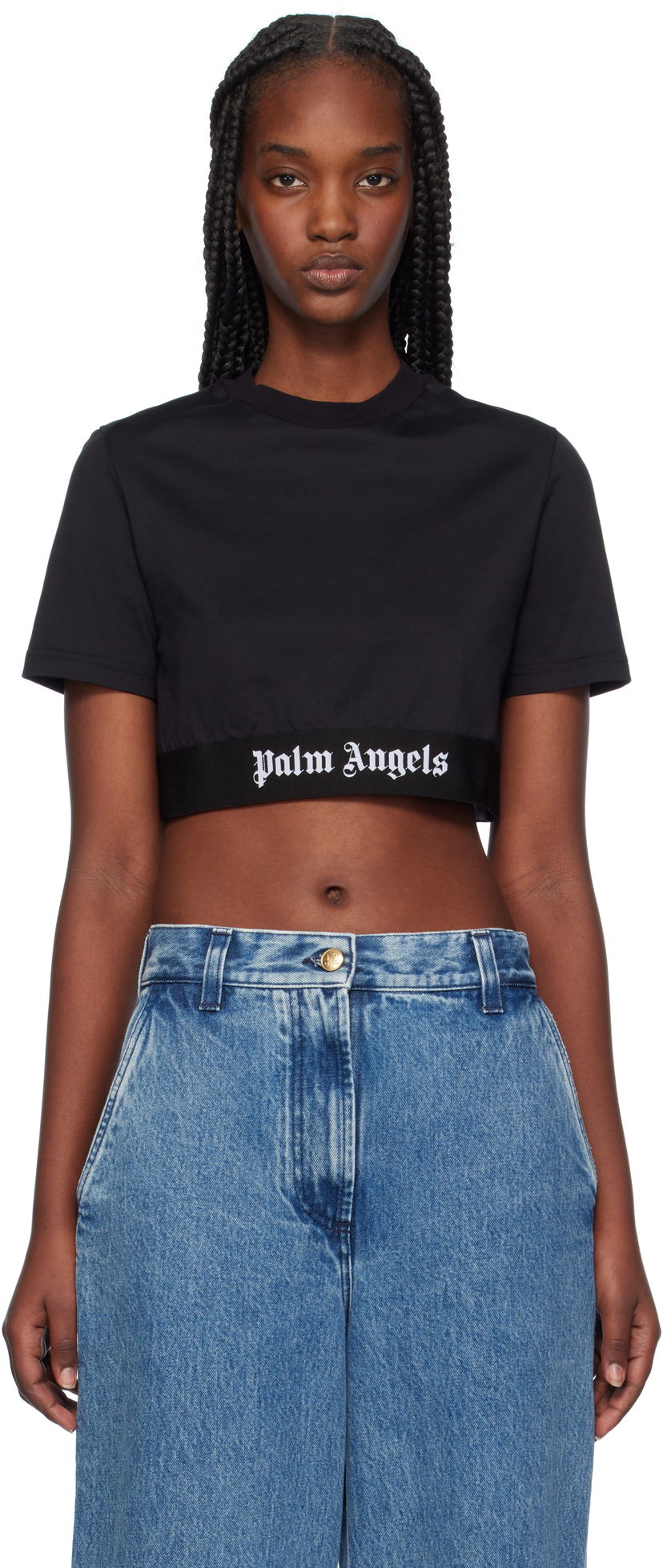 Съкратен топ Palm Angels Logo Tape Cropped T-shirt Черно | PWAA067C99JER0011010