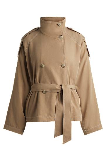 Belted Stand Collar Jacket with Contrast Stitching