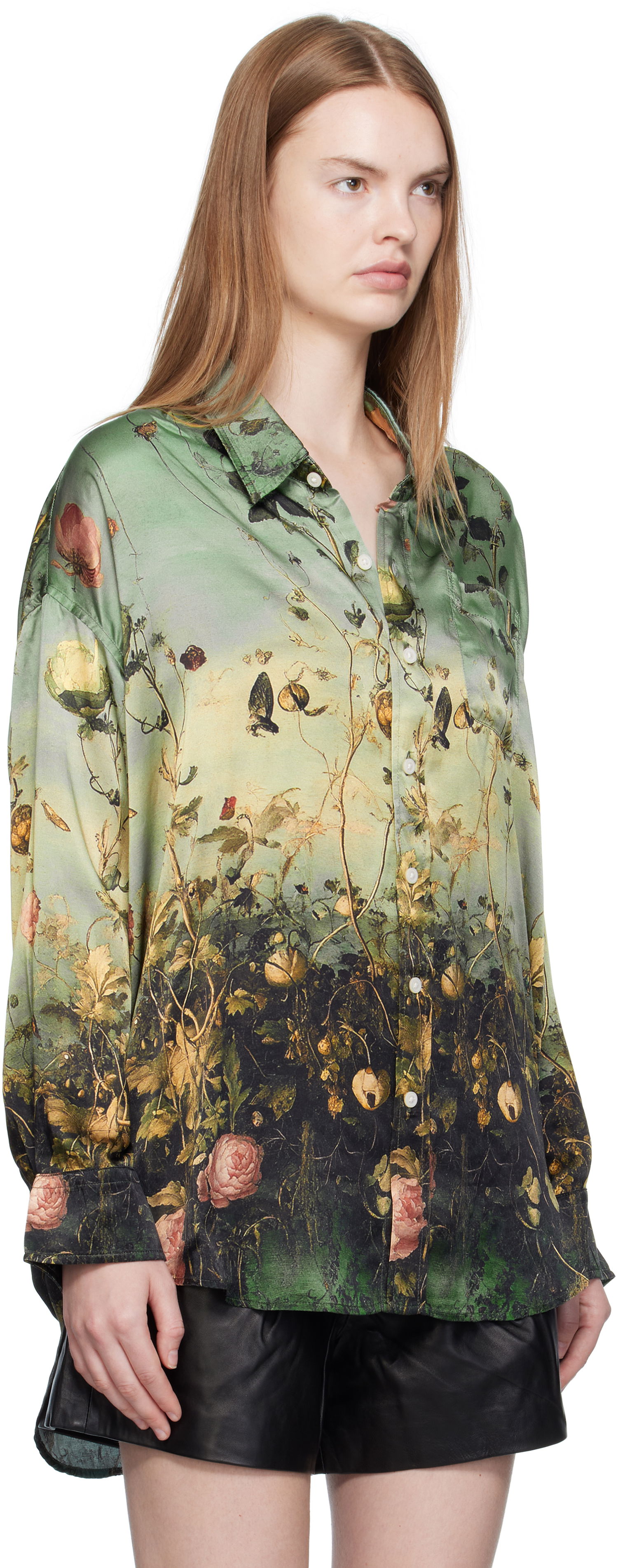 Риза R13 R13 Drop Neck Floral Print Shirt Зелено | R13WR004-R584A, 1