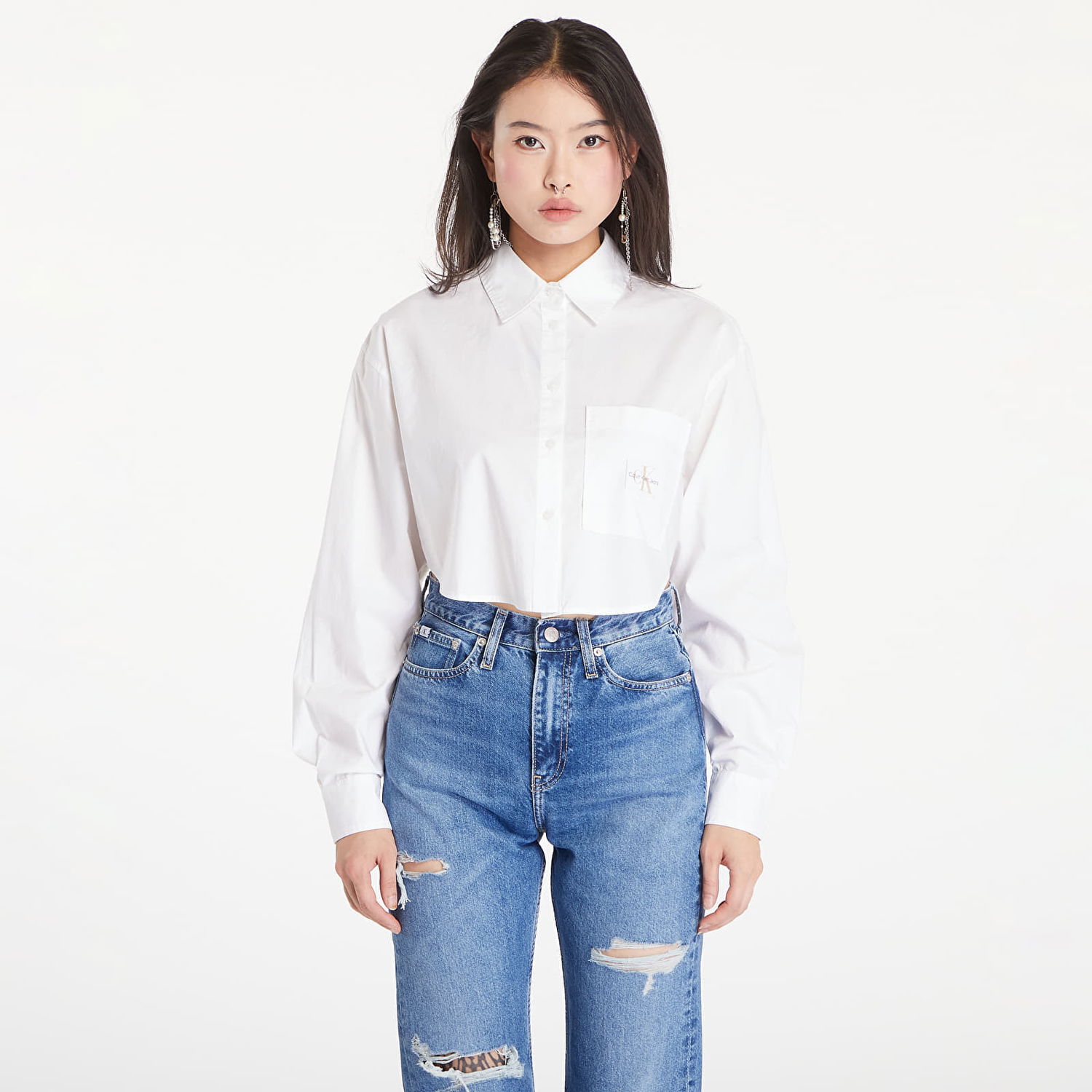 Тениска CALVIN KLEIN Woven Label Cropped T-Shirt White Бяло | J20J222614 0LB, 0