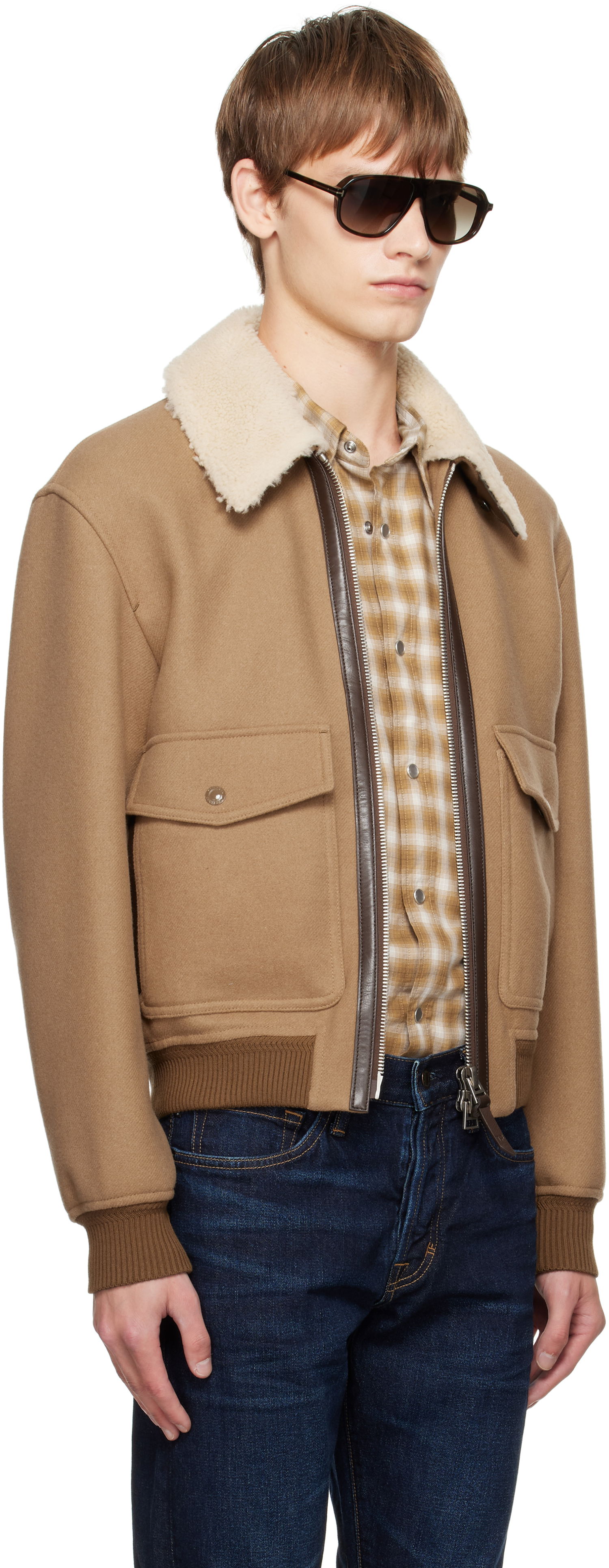 Яке бомбър Tom Ford TOM FORD Double Splittable Shearling Collar Bomber Jacket Кафяво | OBH002-FMW058, 1
