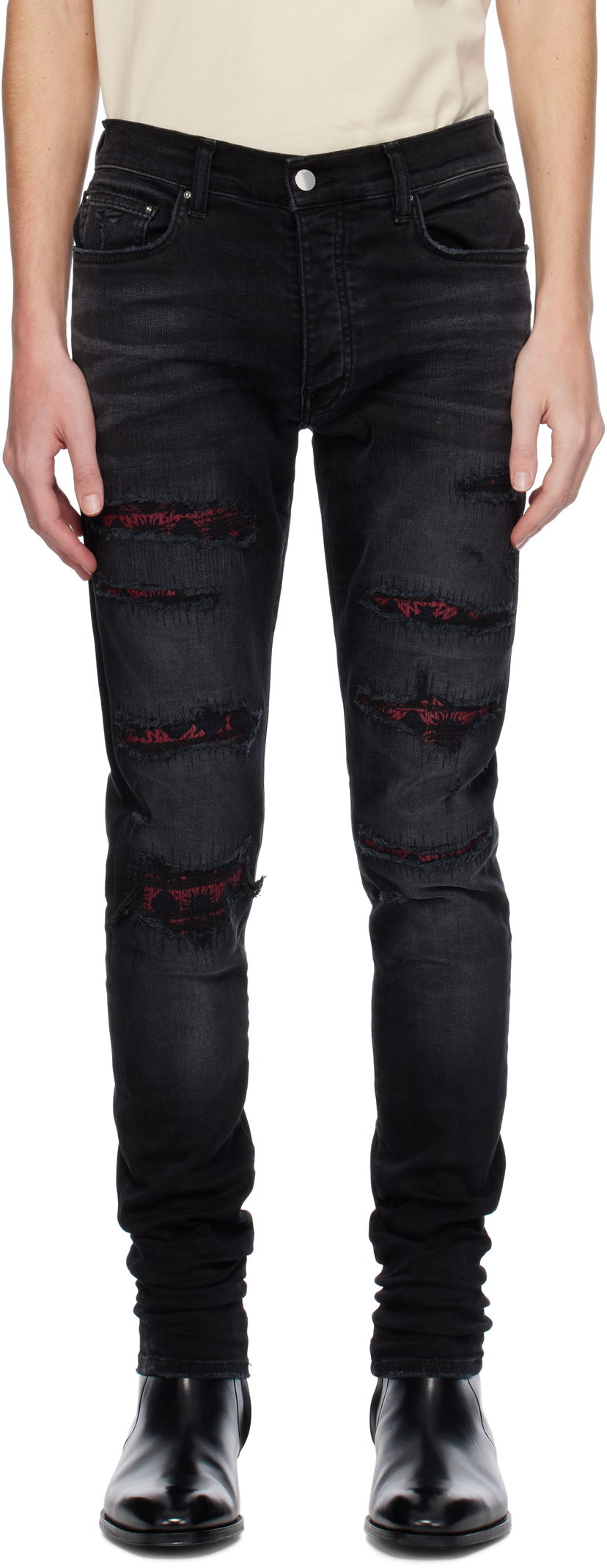 Дънки AMIRI Quad Repaired Skinny Jeans Черно | AMDNSY1100