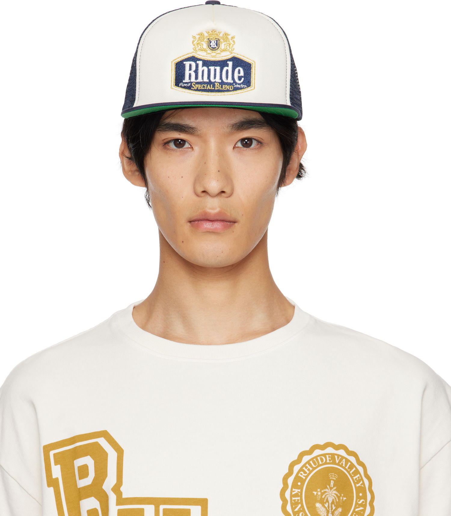Шапка с козирка Rhude Rhude Embroidered 'Special Blend' Trucker Cap Тъмно синьо | RHPF25HA01742, 0
