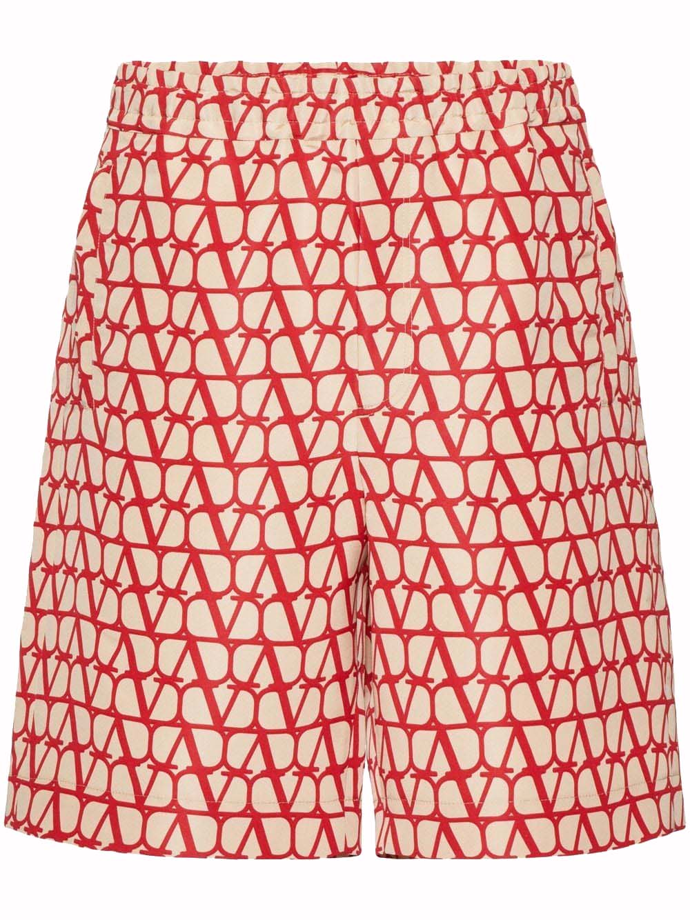 Къси панталони Valentino Allover Logo Silk Bermuda Beige/Red Червено | VRDK219D0, 0