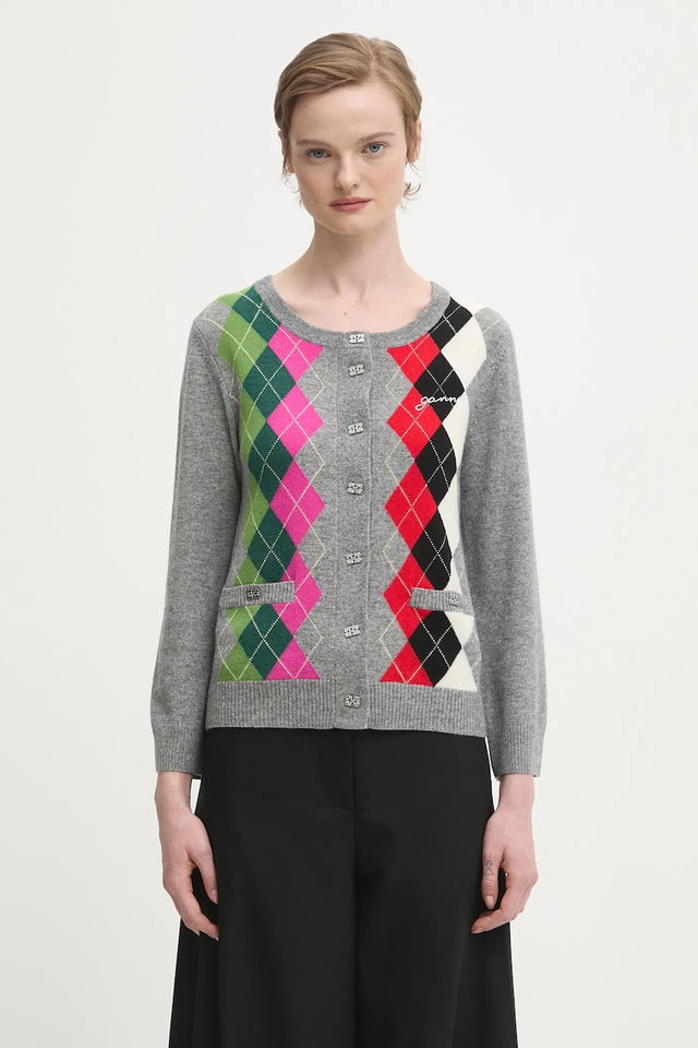 Multicolor Argyle Cashmere Wool Mix Round Neck Cardigan