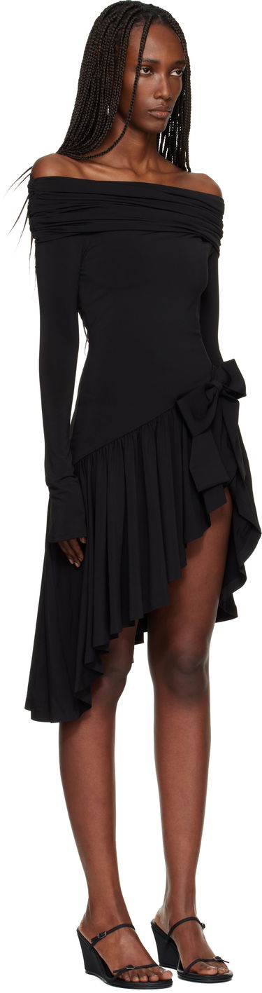 Pокля GUIZIO Lola Off-the-Shoulder Long-Sleeve Bow-Accent Ruffled Asymmetrical Minidress Черно | H25428K012, 1