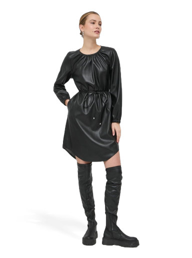 Faux-Leather Long-Sleeved Tie Belt Dress