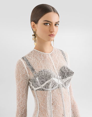 Pокля Dolce & Gabbana Dolce & Gabbana Lace Calf-Length Dress with Corset Detailing Бяло | F6TSLTFLUCQW0001, 3