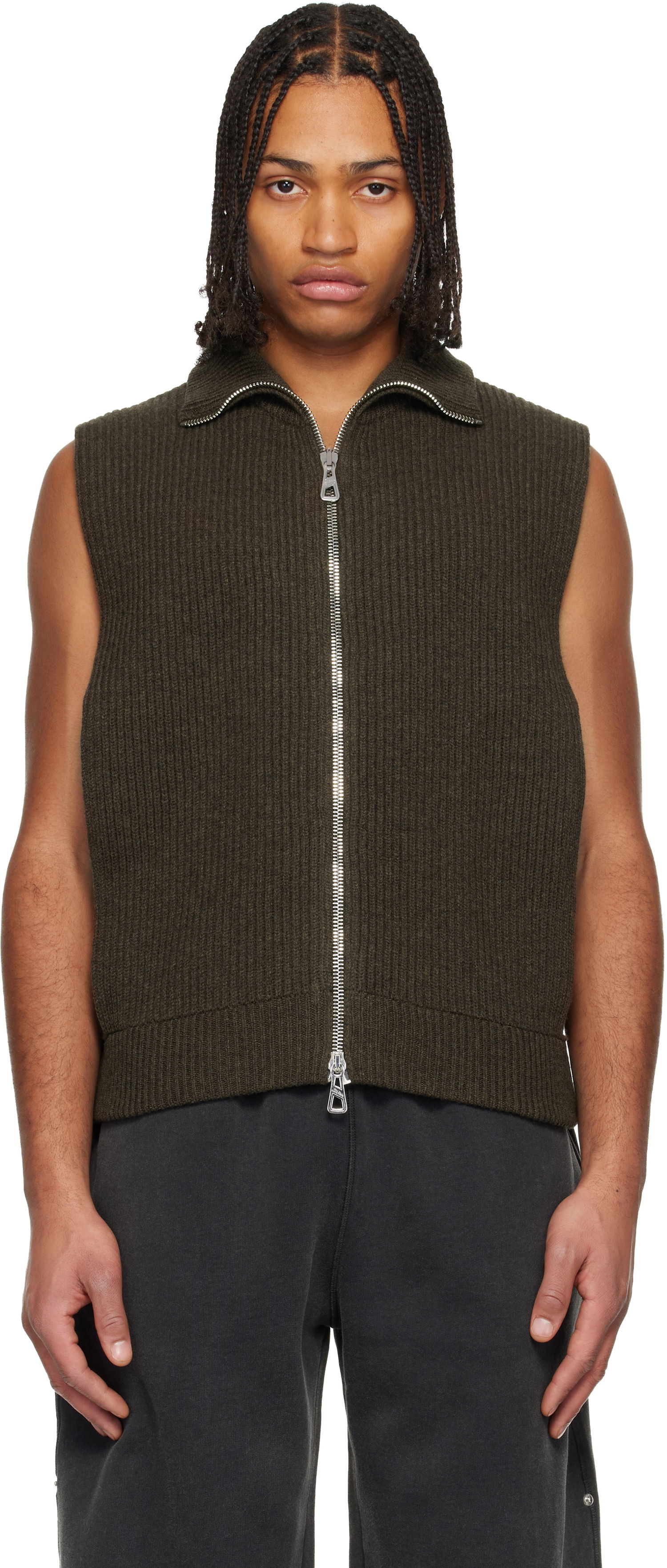 Жилетка Jean Paul Gaultier Jean Paul Gaultier Ribbed Knit Collared Full-Zip Sweater Vest Зелено | 25/04-W-PO028-K014-38, 0