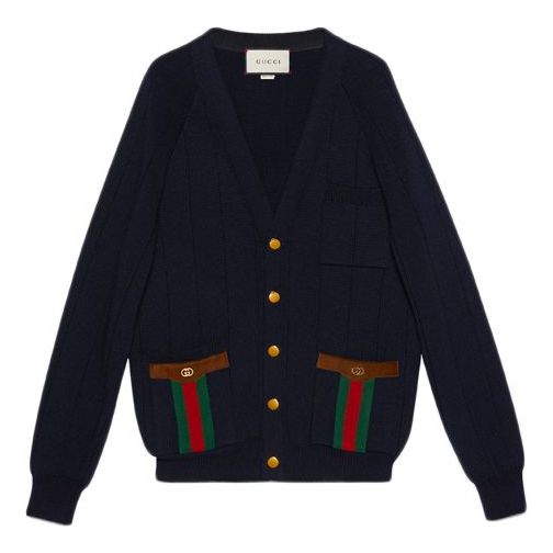 Пуловер Gucci Knitted Wool Blend Cardigan with Web Stripe Синьо | 626349-XKBFJ-4330