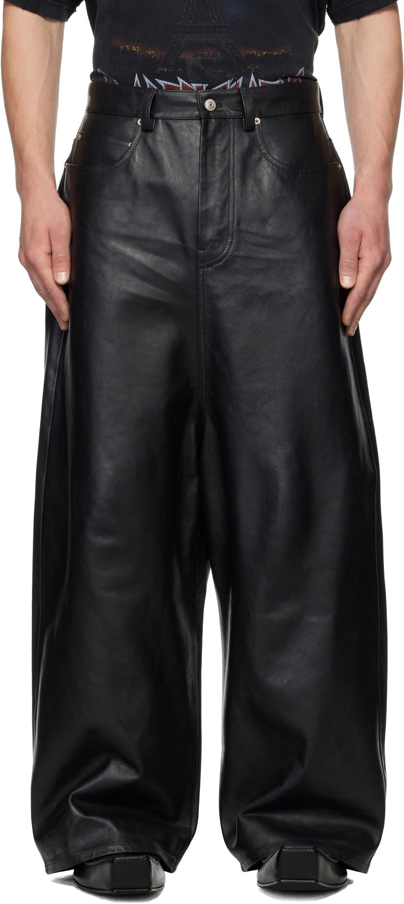 Панталони Balenciaga Low Crotch Leather Pants Черно | 790159TQS041000