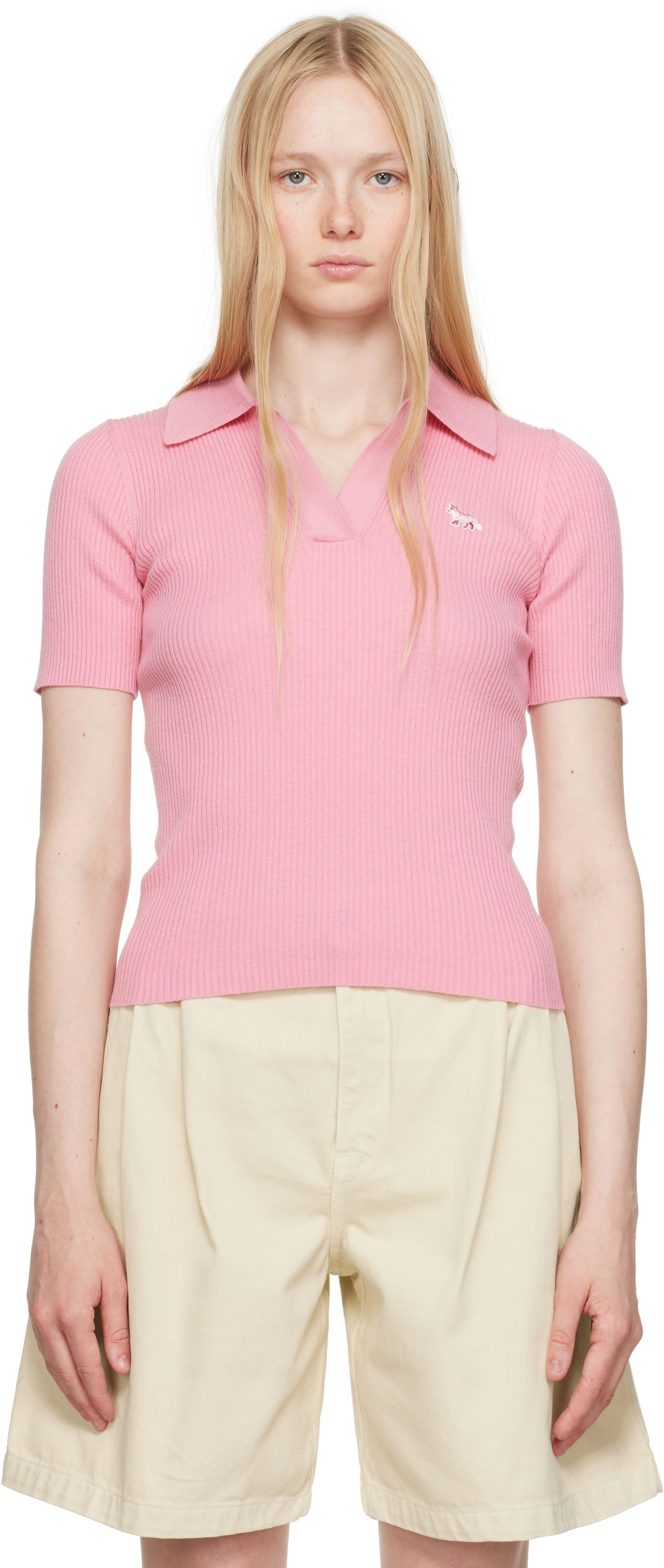 Поло тениска MAISON KITSUNÉ Maison Kitsuné Baby Fox Patch Fine Ribbed Polo Розово | OW00201KT1091, 0