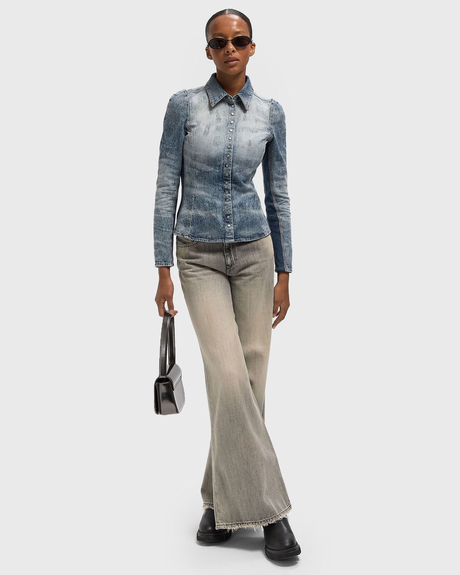 Риза Diesel Light Wash Distressed Denim Shirt with Side Panels Синьо | A21284-068TY-01, 1