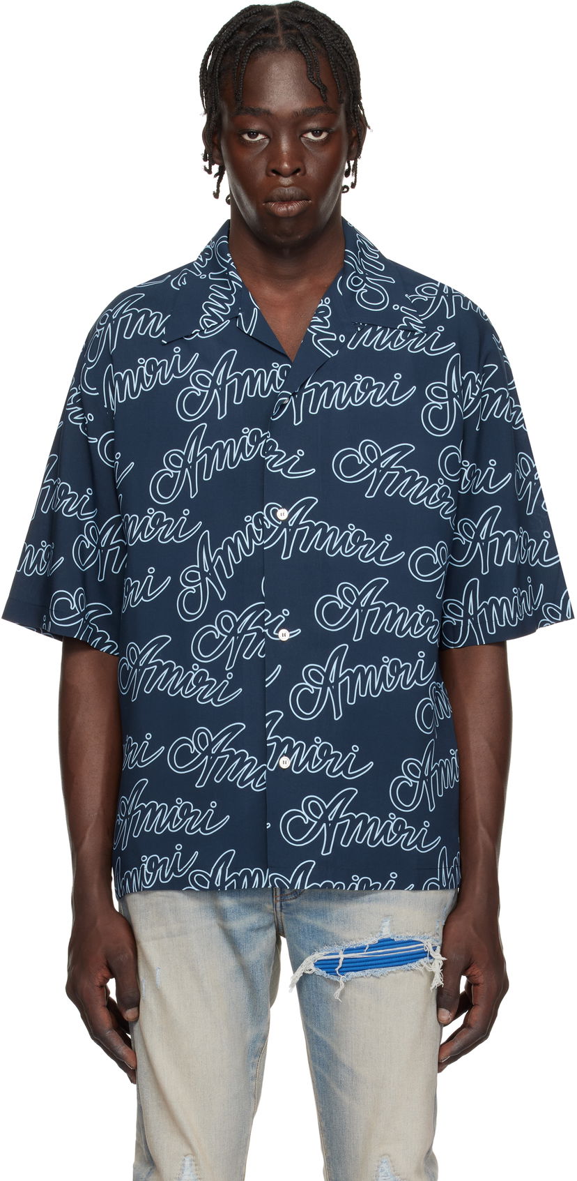 Риза AMIRI Script Print Bowling Shirt Синьо | AMSTCA1081