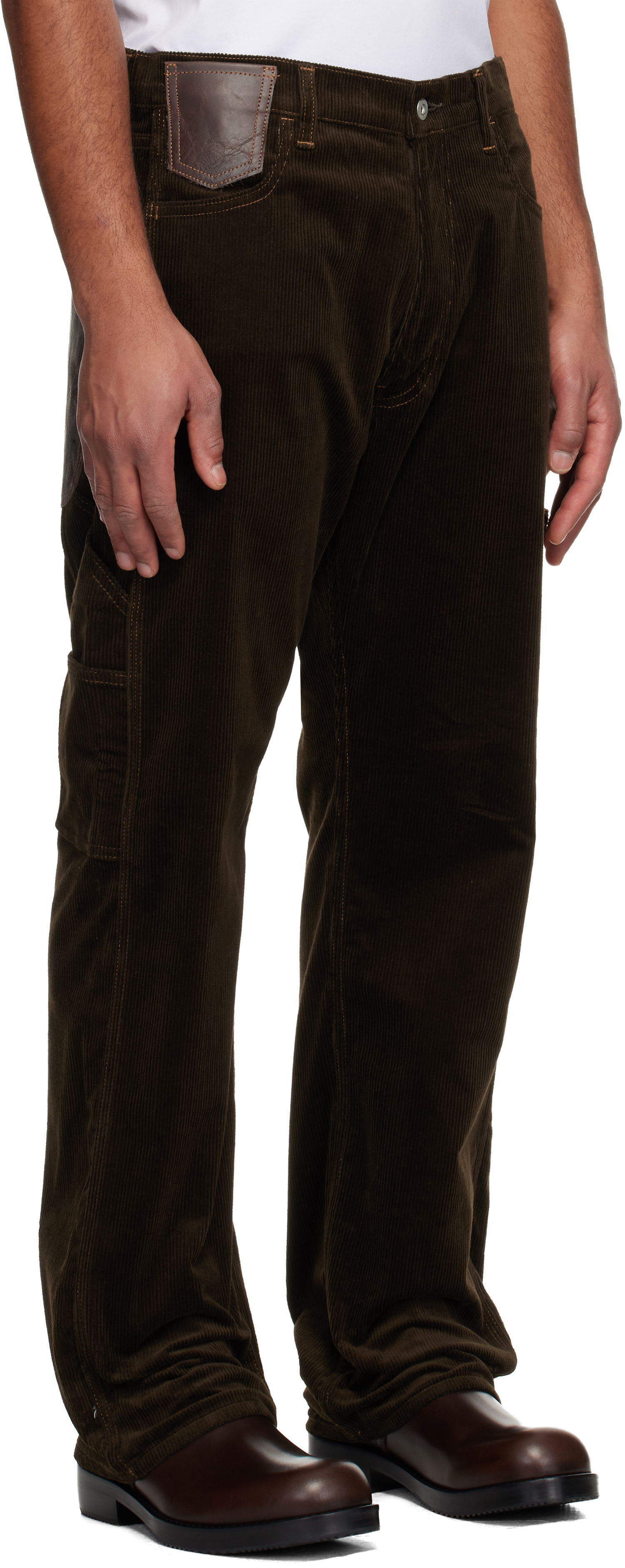 Панталони Junya Watanabe Junya Watanabe Cotton Corduroy & Leather Trousers Кафяво | WP-P026-051, 1
