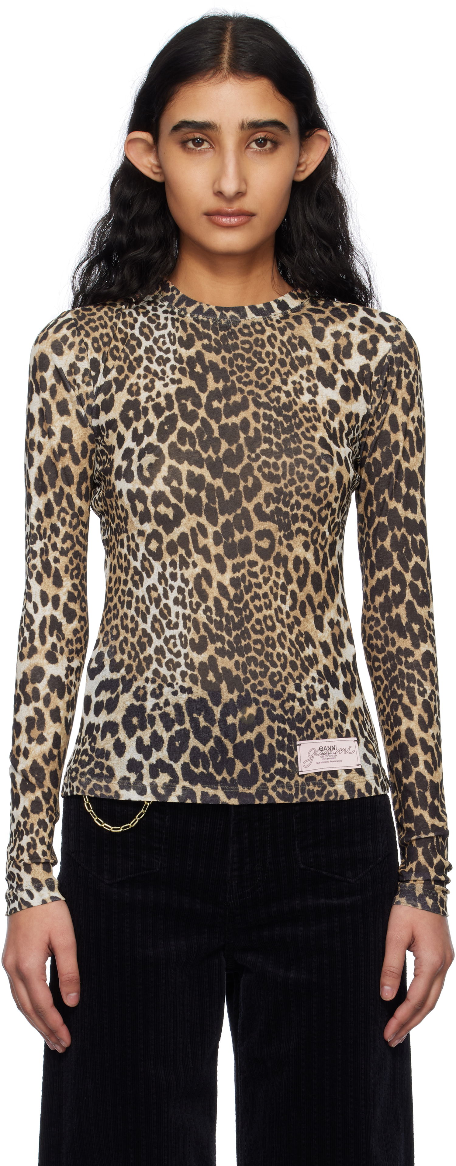Тениска GANNI GANNI Leopard Print Long Sleeve T-Shirt Бежово | T4208, 0