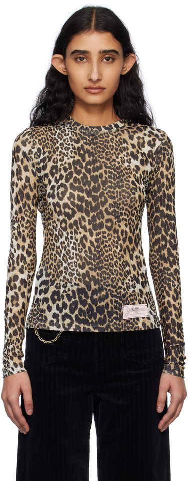 Тениска GANNI GANNI Leopard Print Long Sleeve T-Shirt Бежово | T4208, 0