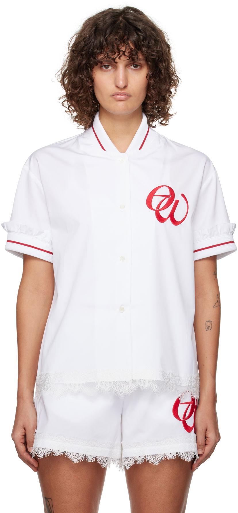 Риза Off-White Poplin Baseball Shirt With Lace Trim Бяло | OWGG002F24FAB0010125