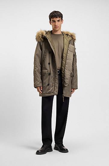 Парка BOSS Water-repellent parka jacket with faux-fur hood Зелено | 50546236, 1