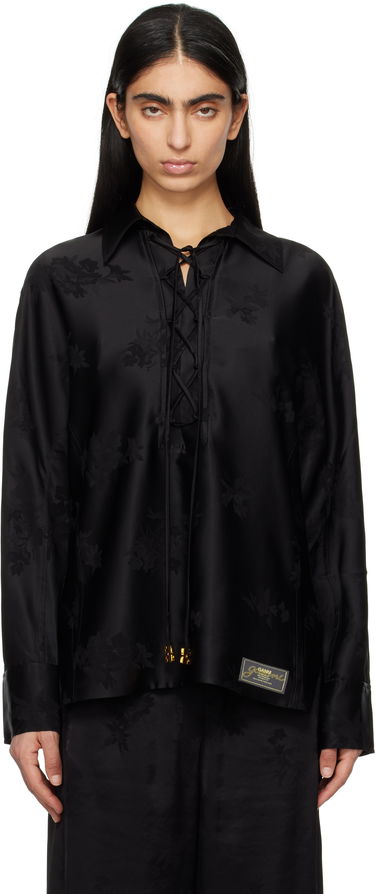 Риза GANNI GANNI Satin Jacquard Tie-String Shirt Черно | W0359, 0