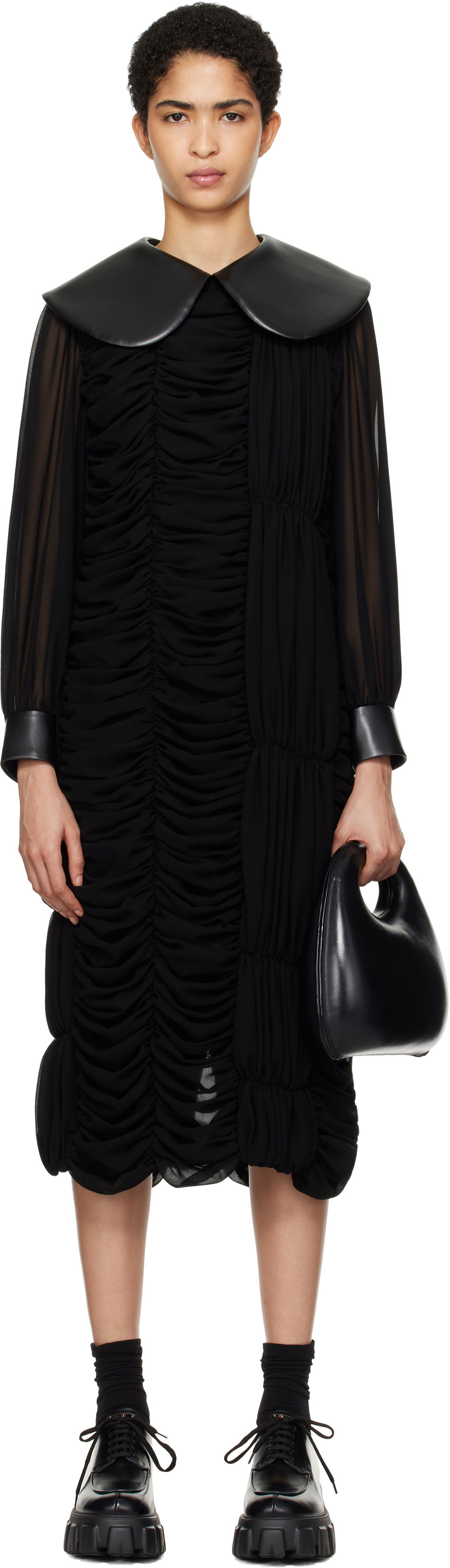 Pокля Comme des Garçons Faux-Leather Collar Georgette Midi Dress Черно | GN-O008-051, 0