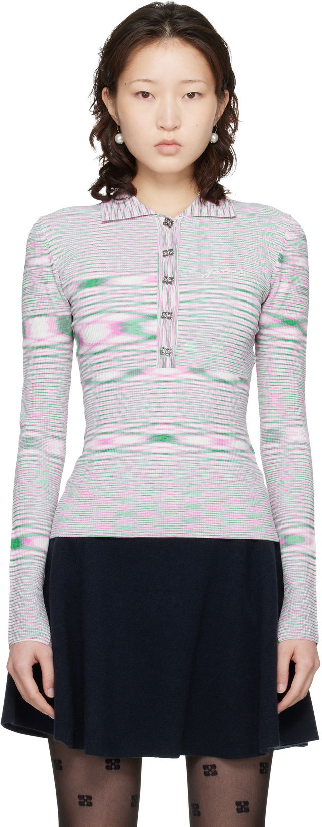 Long-Sleeve Spacedyed Ribbed Knit Polo