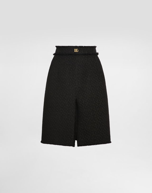 Dolce & Gabbana Raschel Tweed Midi Skirt with Central Slit and DG Logo