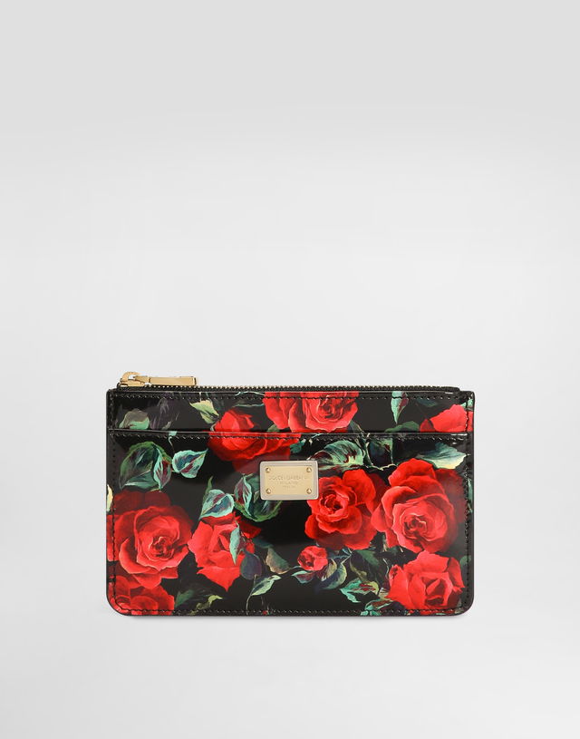 Dolce & Gabbana Rose Print Polished Calfskin Card Holder