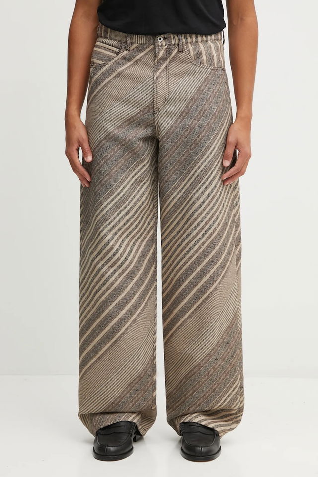 Wool Blend Diagonal Stripe Turn Up Wide Fit Pants