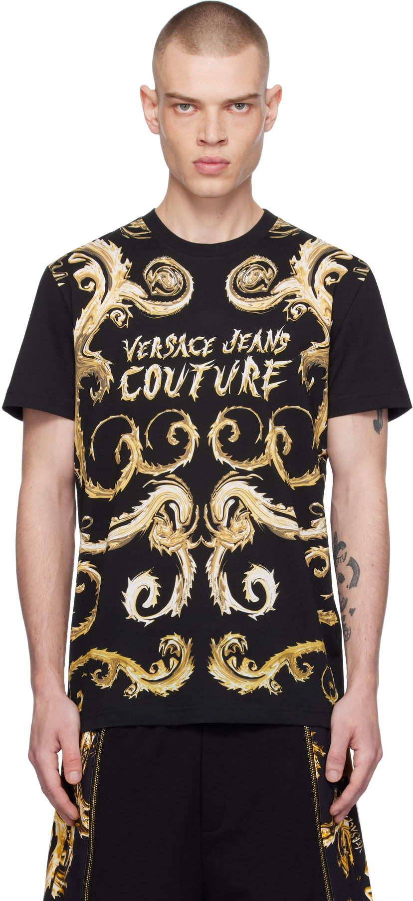 Тениска Versace Slim-Fit T-Shirt with Golden Print Черно | E77GAH6SC_EJS379