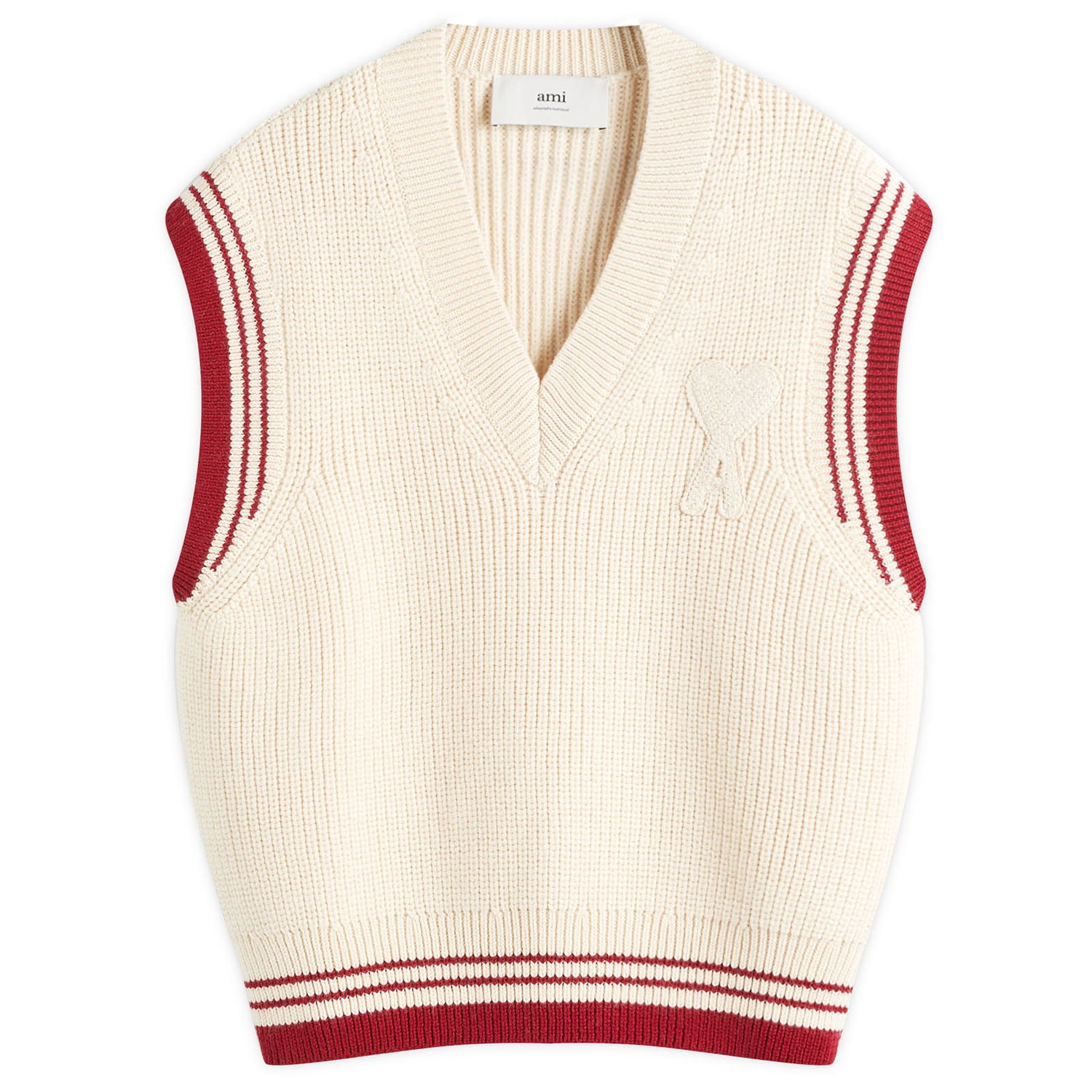 Пуловер AMI AMI Paris Men's Ribbed Knit College Vest Бежово | UKS768-KN0068-136, 1