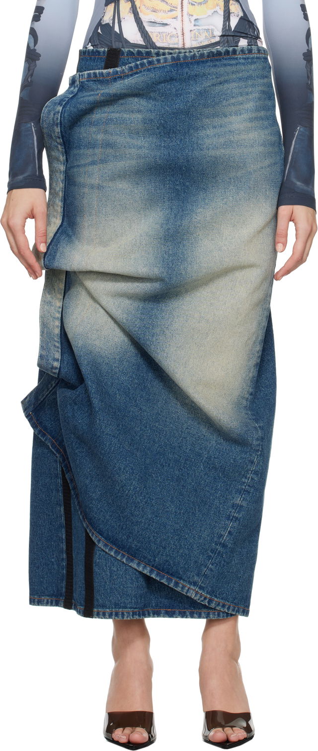 Blue Velcro Denim Midi Skirt