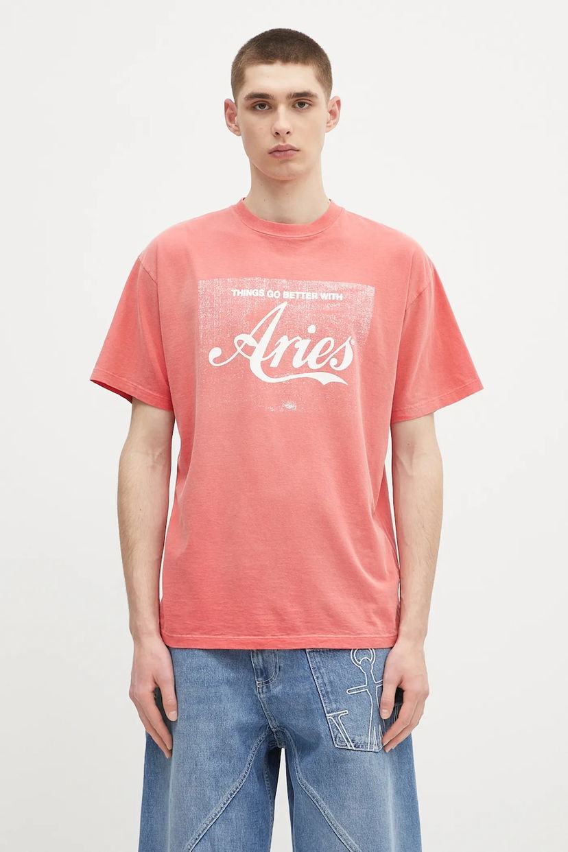 Тениска Aries Aries Sunbleached Cola Short Sleeve Printed T-Shirt Червено | AR6262203