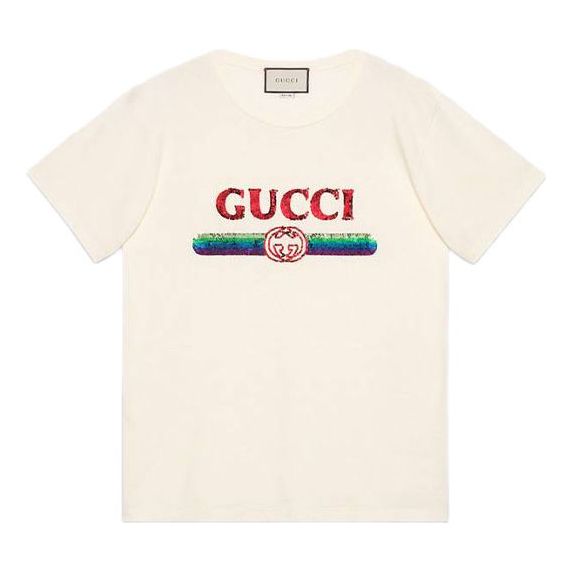 Тениска Gucci Sequined Logo Oversized T-Shirt Бяло | 492347-XJARM-7136