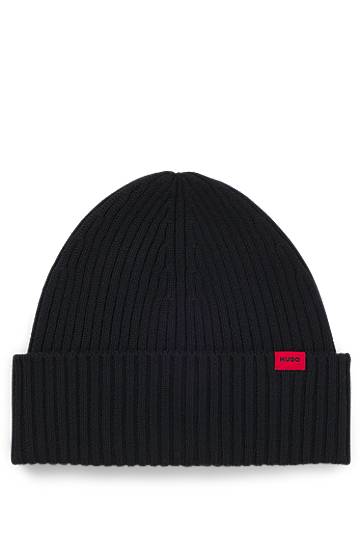 Шапка BOSS Virgin-Wool Ribbed Beanie with Logo Label Черно | 50524570, 0
