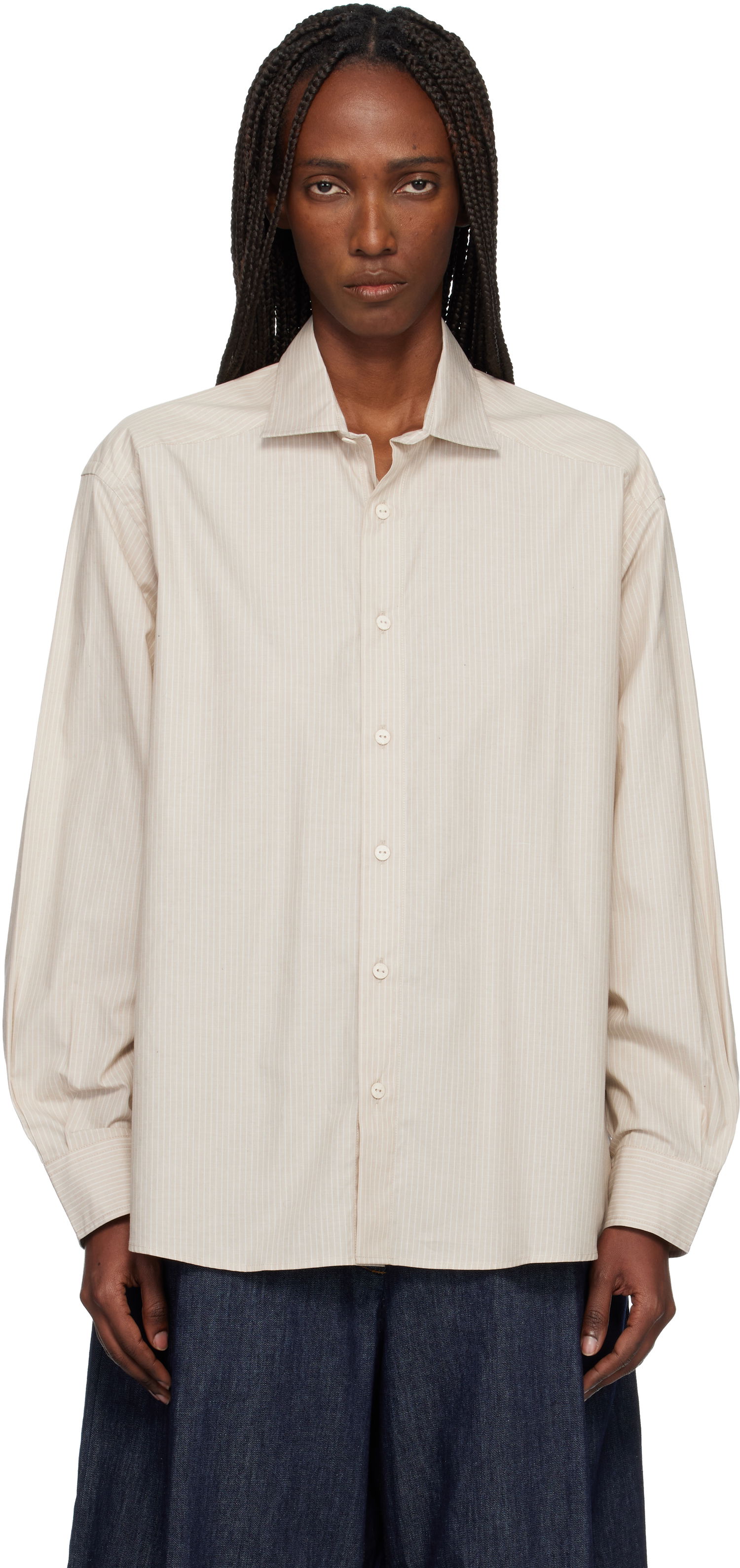 Риза Baserange Claude Striped Long Sleeve Button-Up Shirt Бежово | TSCL-PO-SP26, 0