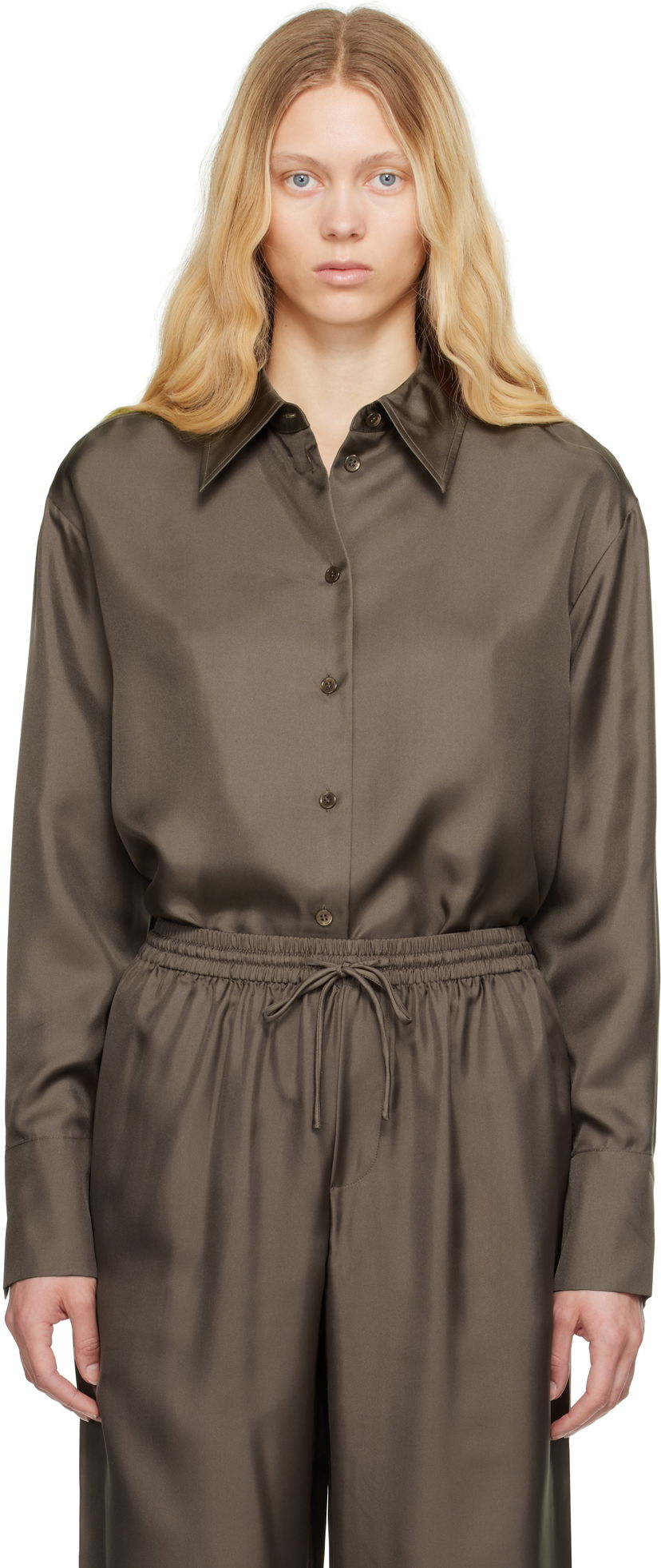 Риза Róhe Signature Elongated Silk Shirt Кафяво | 415-19-085