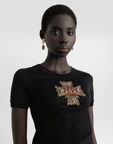 Тениска Dolce & Gabbana Dolce & Gabbana Cotton T-Shirt with Swarovski Embellished Cross Черно | F8N08ZGDC7GN0000, 3