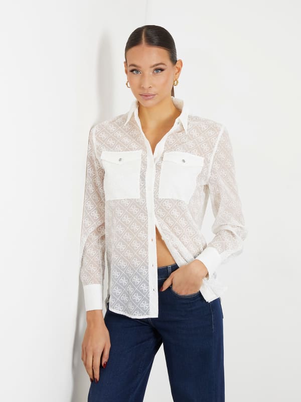 Риза GUESS 4G Logo Embroidery Shirt Бяло | W4RH65WFX40, 0