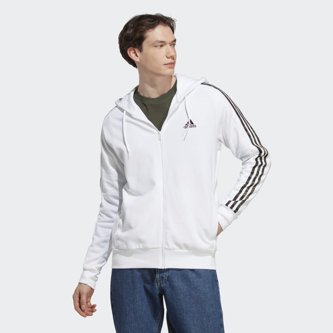 Суитчър adidas Performance Essentials French Terry 3-Stripes Full-Zip Hoodie Бяло | IC9836, 1
