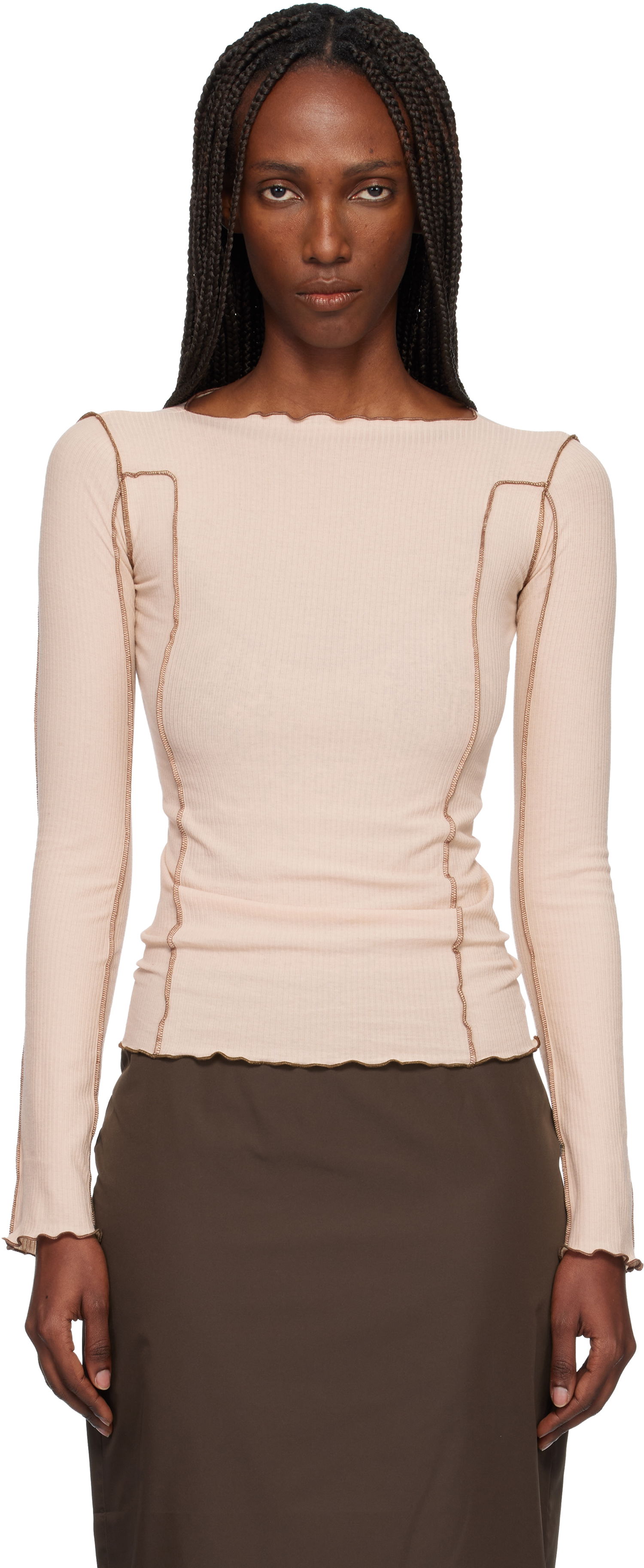 Тениска Baserange Omato Ribbed Exposed Seam Long Sleeve Top Бежово | TTOML-CR-WI25, 0