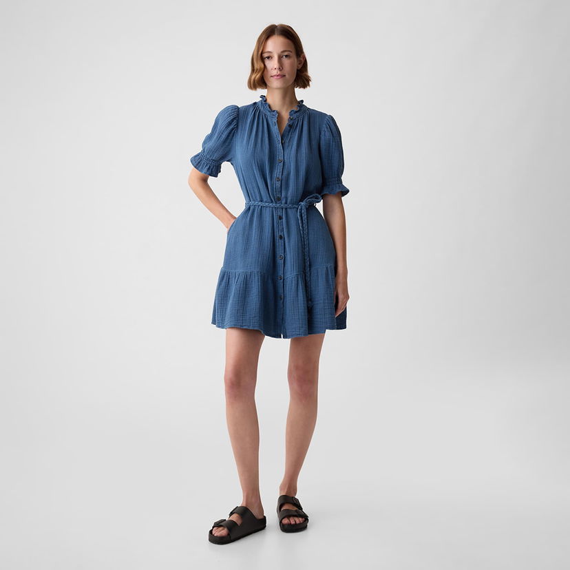 Pокля GAP Dresses Shortsleeve Belted Gauze Shirtdress Medium Indigo Синьо | 873496-00